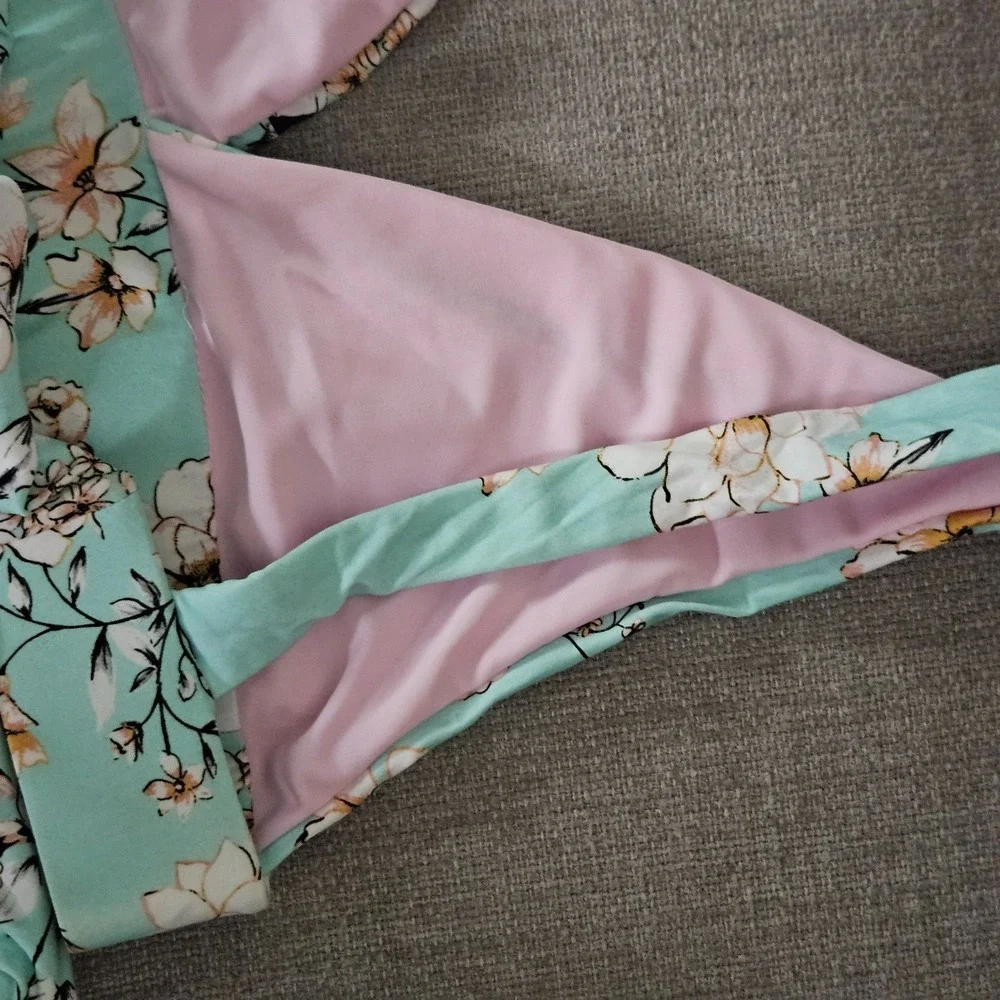 NWOT PilyQ Swim Reversible Teal &‎ Pink Floral Bikini Set Youth size 16